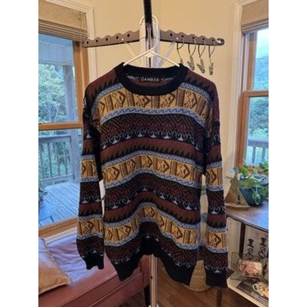 Gamboa Alpaca Wool Sweater Crewneck Knitted Pullover Aztec Striped Men's Large